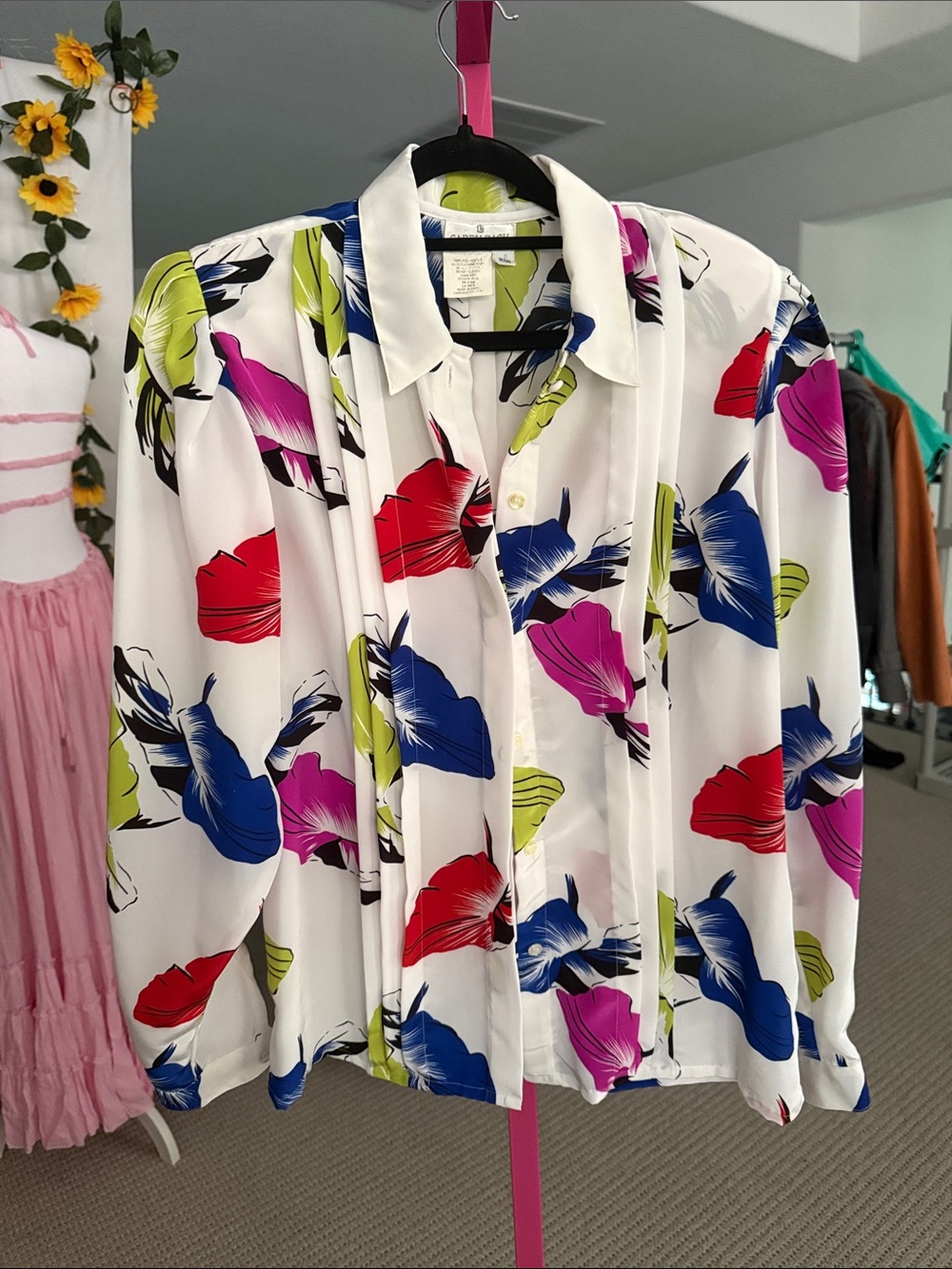 Floral Button-Front Blouse - White with Blue, Red, Pink & Lime